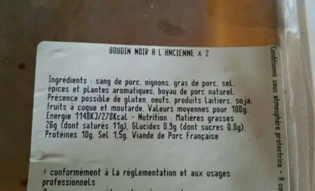 Boudin noir ingredients label