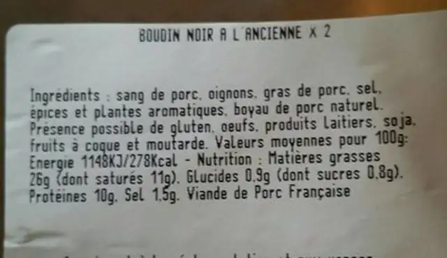 Boudin noir nutrition facts table
