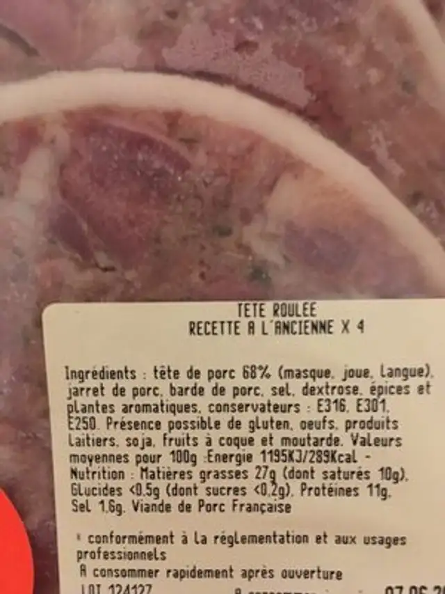 Tete roulee ingredients label