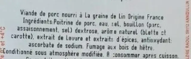 Poitrine fumée coupée ingredients label