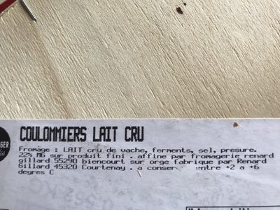 Coulommiers au lait cru ingredients label