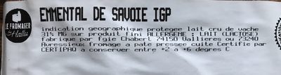 EMMENTAL DE SAVOIE IGP ingredients label