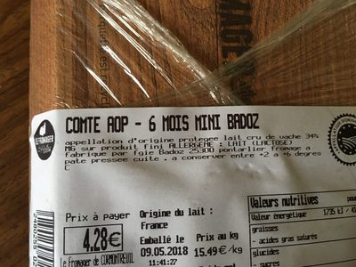 Comte aop ingredients label