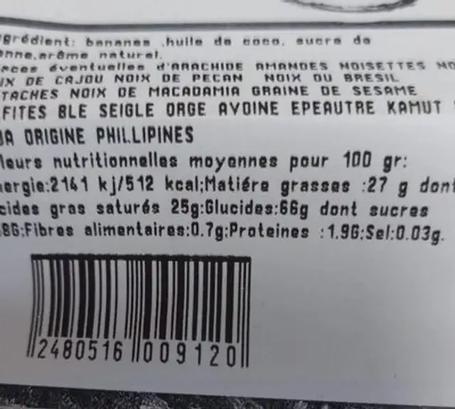 Bananes chips vrac nutrition facts table