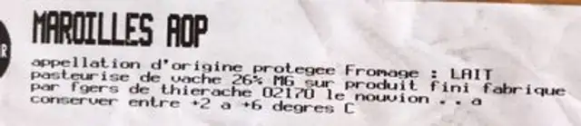 Maroilles Nouvion ingredients label