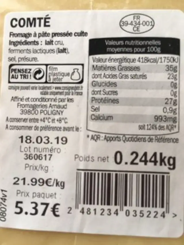 Comté ingredients label