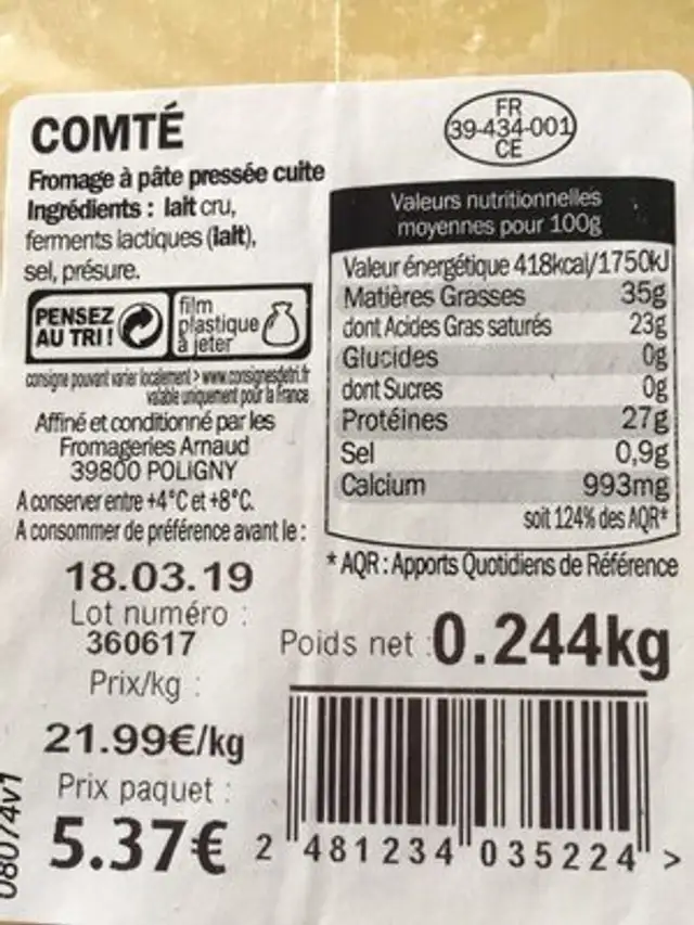 Comté nutrition facts table