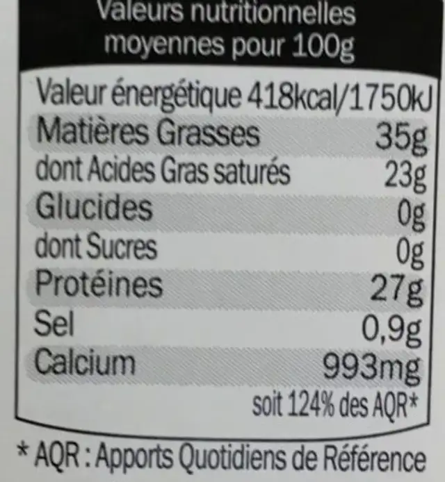 Comté juraflore 20 mois d'affinage nutrition facts table