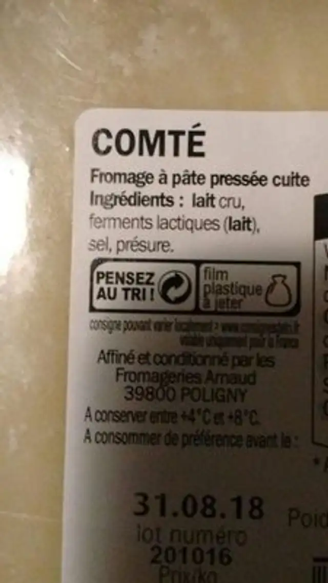 Comté ingredients label