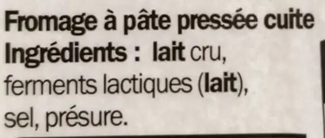 Comté 20 mois d'affinage ingredients label