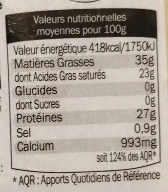 Comté 20 mois d'affinage nutrition facts table