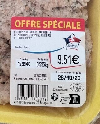 Escalops  De Poulet Marinees a Le milanaises fromage frais ail et fines herbes