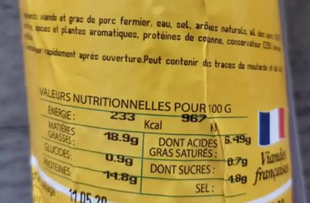 Saucisse cuite à l'ail des ours supérieure au porc fermier nutrition facts table