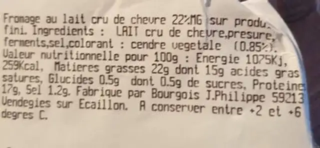 Fromage de chèvre au lait cru nutrition facts table