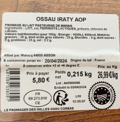 Ossau iraty AOP nutrition facts table