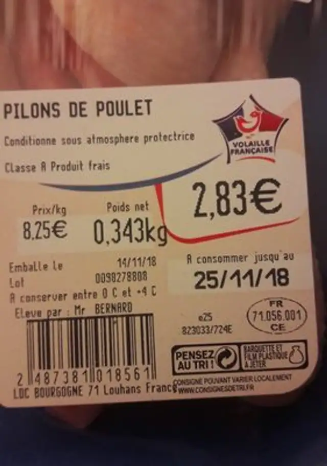 Pilon de poulet ingredients label