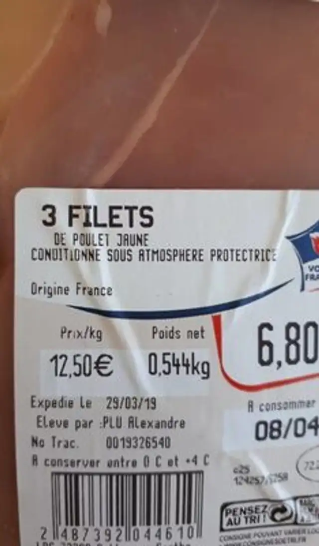Filet de poulet ingredients label
