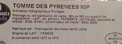 Tomme des pyrenees igp ingredients label