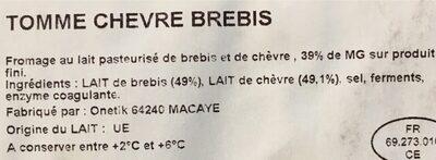 Tomme chevre ingredients label