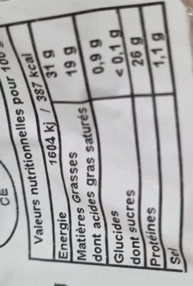 Tomes des Bauges AOP nutrition facts table