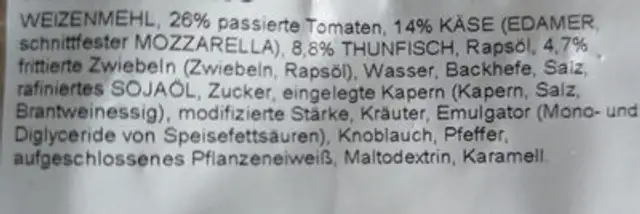 Pizza Tonno ingredients label