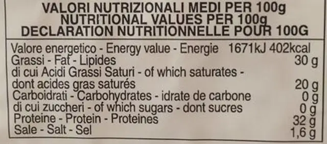Parmigiano Reggiano biologico nutrition facts table