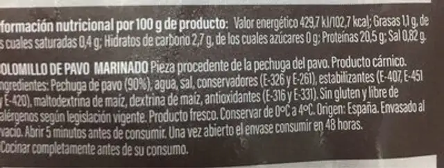 Solomillo de pavo nutrition facts table