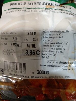 Pinchitos de pollo adobados front packaging