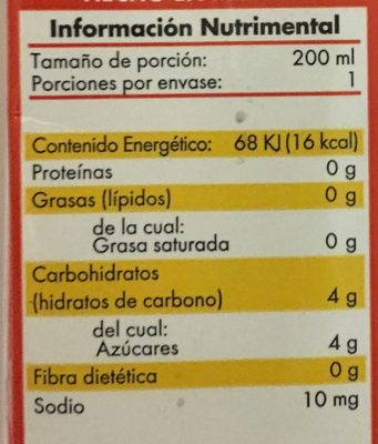 Aurrera Nectar de Mango nutrition facts table