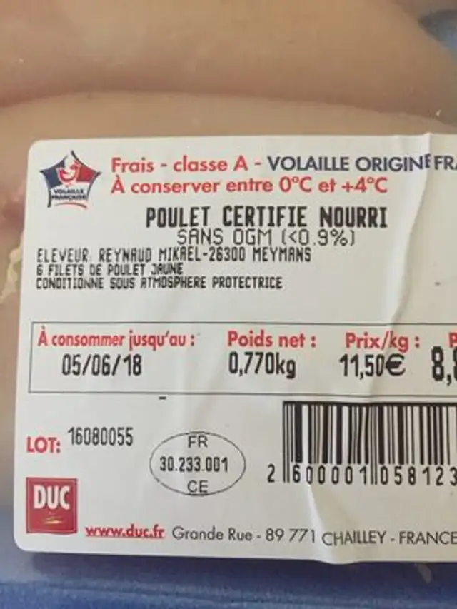Filets de poulet ingredients label
