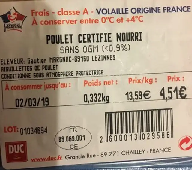Aiguillettes de poulet ingredients label