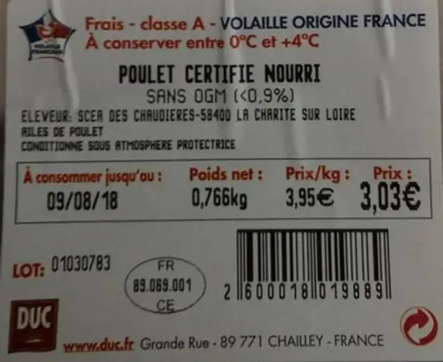 Ailes de poulet ingredients label