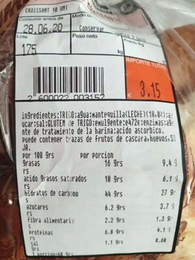 Croissants mantequilla nutrition facts table