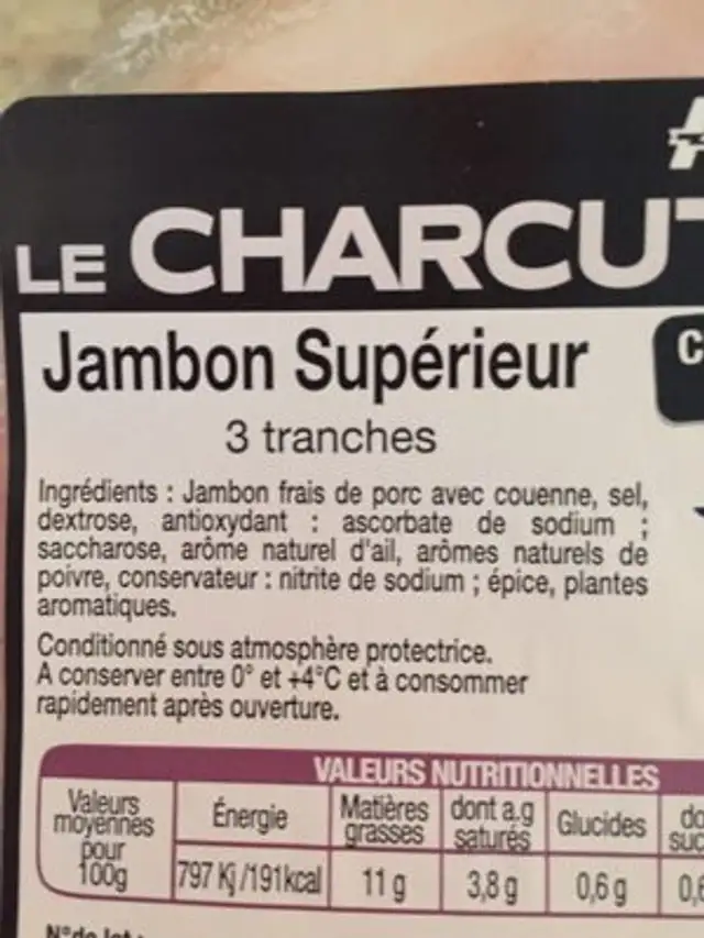 Jambon superieur ingredients label