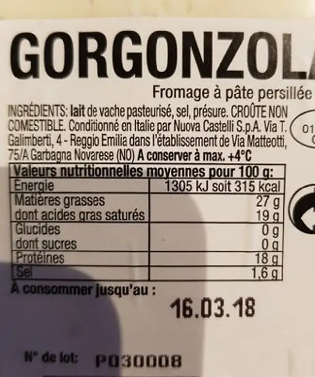 Gorgonzola aop ingredients label
