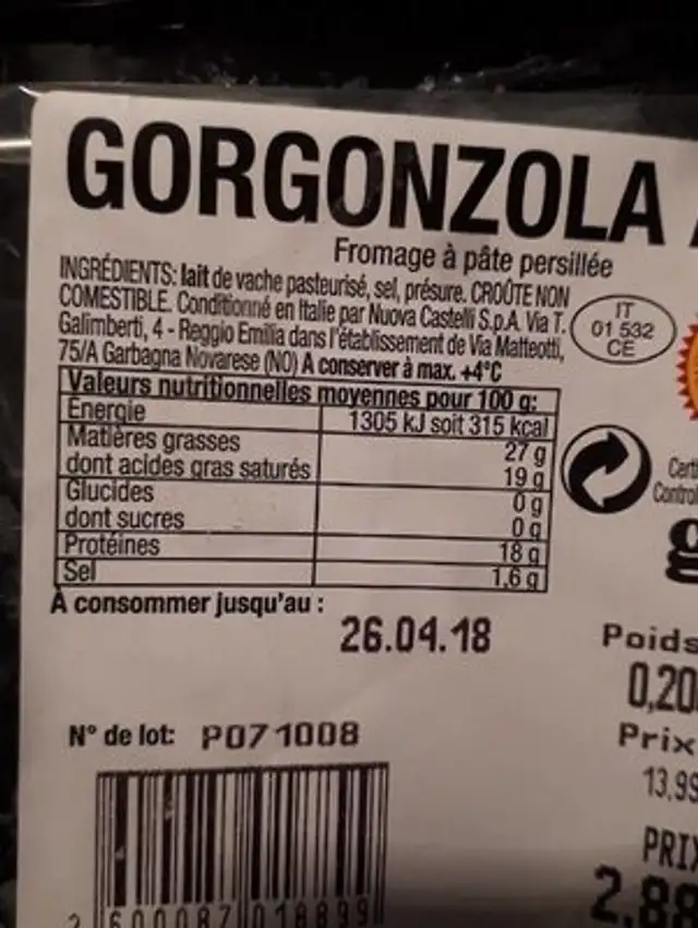 Gorgonzola aop nutrition facts table
