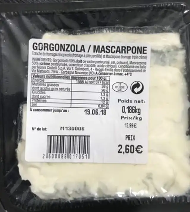 Gorgonzola / mascarpone ingredients label