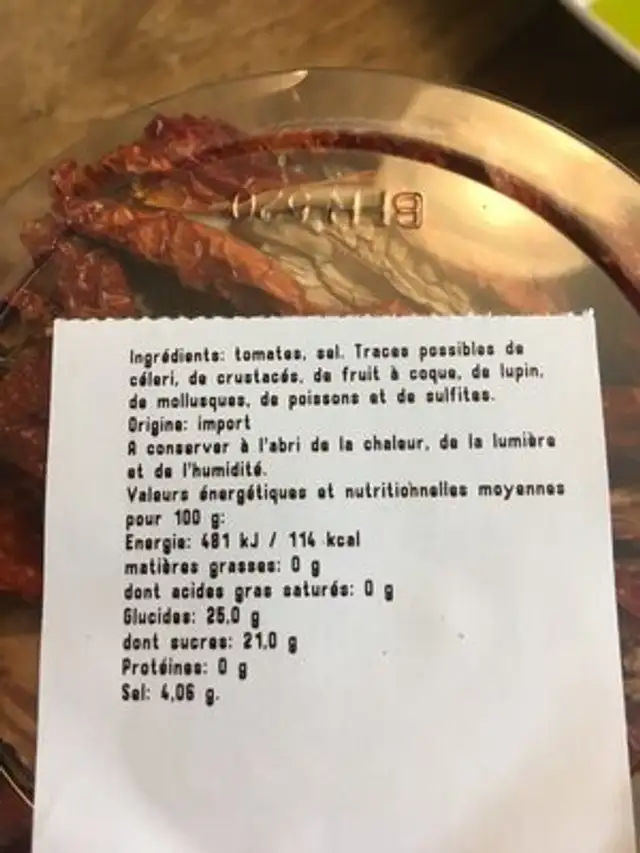 Tomates sechées ingredients label