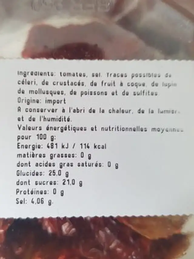 Tomate sechee ingredients label