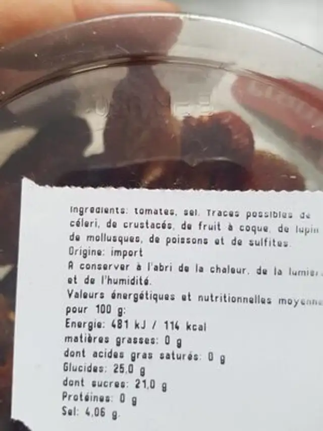 Tomate sechee nutrition facts table