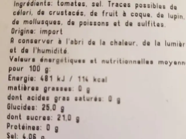 Tomates sechees ingredients label
