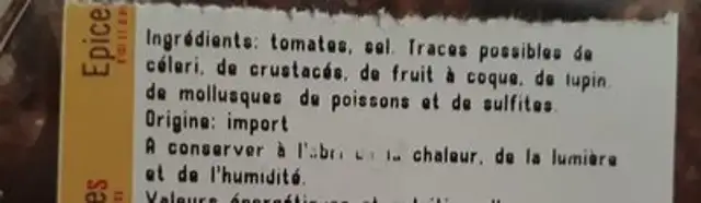 Tomate séchées ingredients label