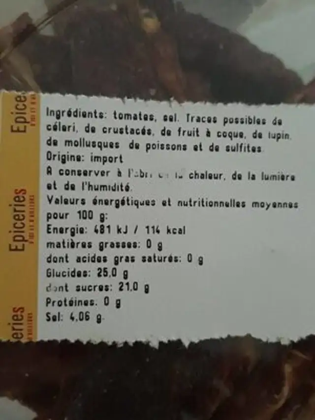 Tomate séchées nutrition facts table