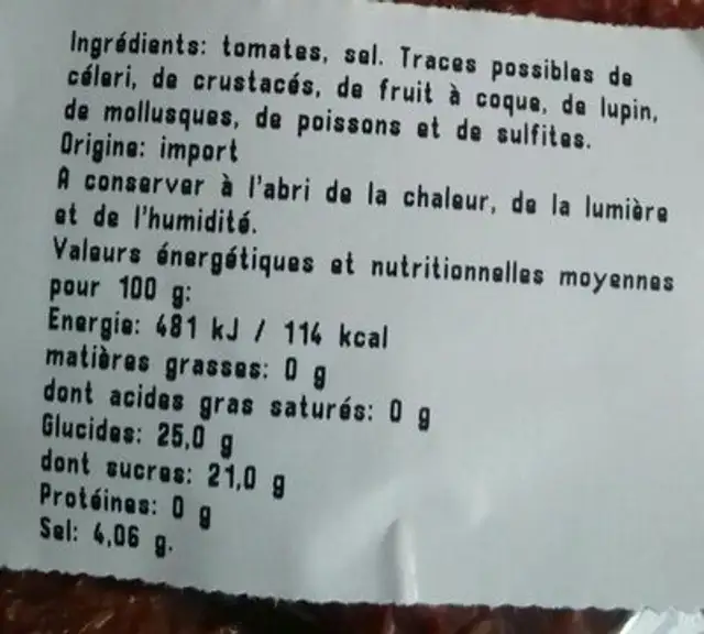 Tomates séchées ingredients label