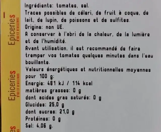 Tomates Séchées ingredients label