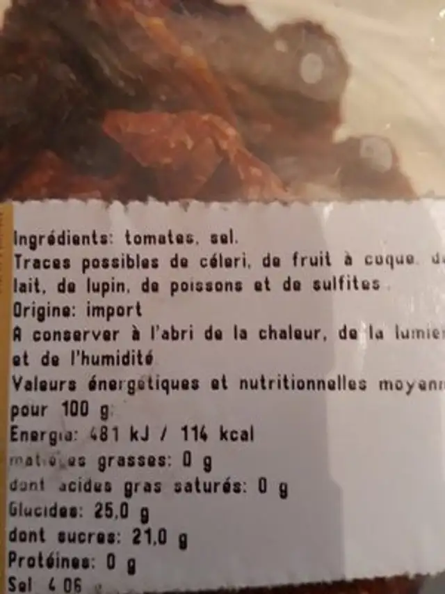 Tomate séchées ingredients label