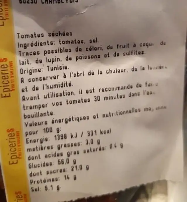 Tomate séchées nutrition facts table