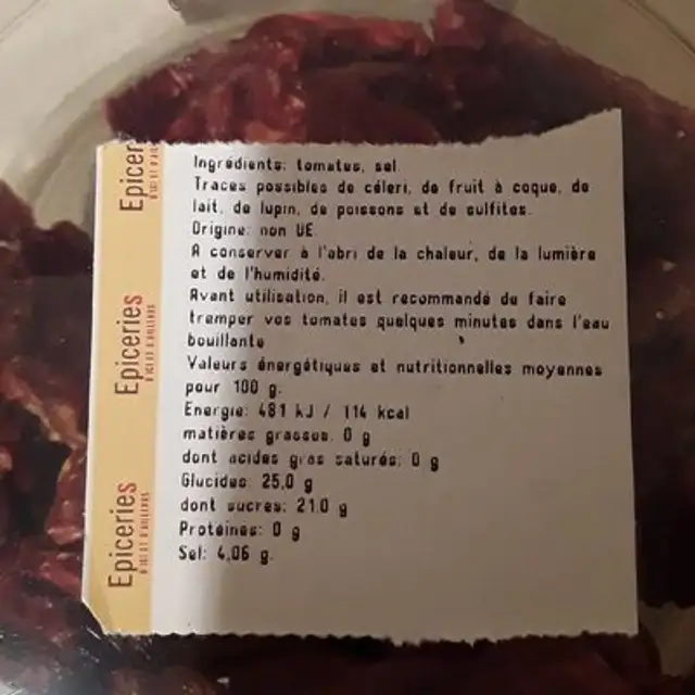 Tomates séchées ingredients label