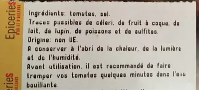 Tomates sechées ingredients label