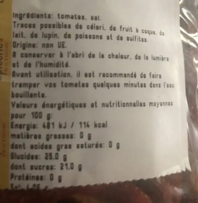 Tomates séchées ingredients label